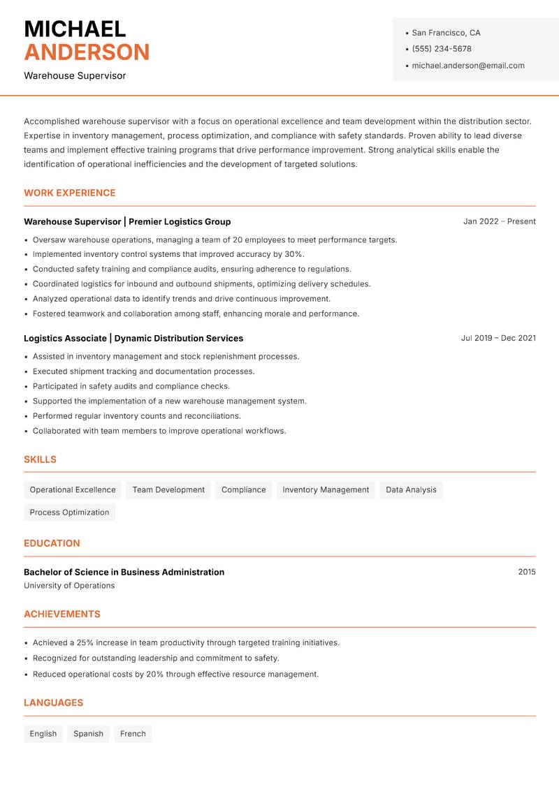 Warehouse Supervisor resume sample — Warehouse Supervisor focus