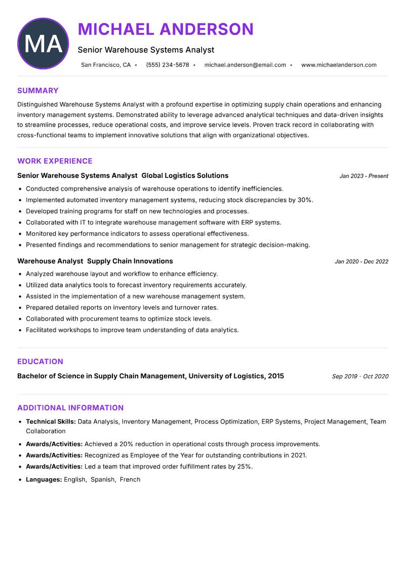 Warehouse Systems Analyst resume example