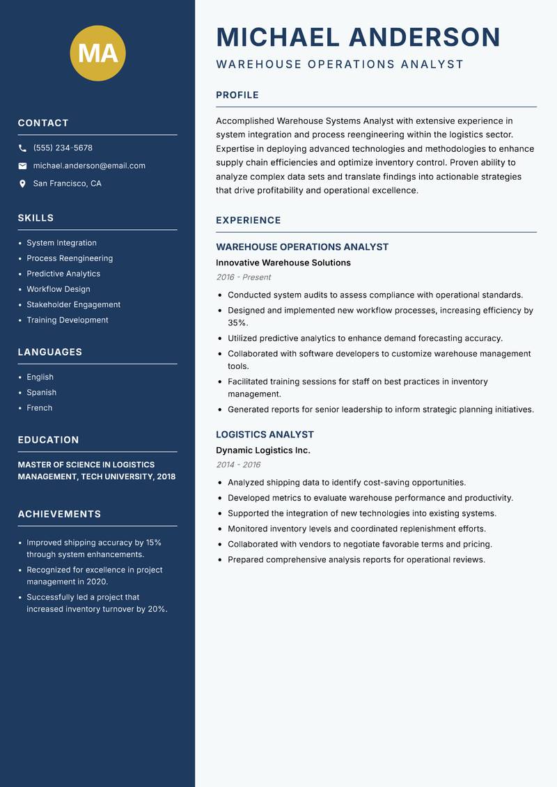 Warehouse Systems Analyst resume sample — Warehouse Operations Analyst focus
