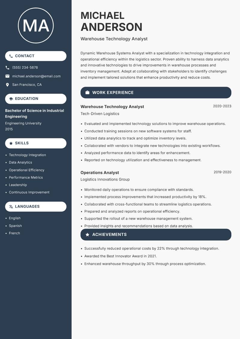 Warehouse Systems Analyst resume sample — Warehouse Technology Analyst focus