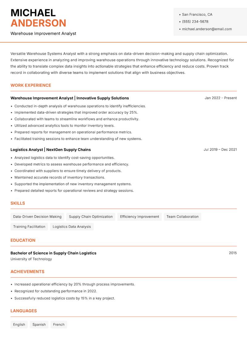Warehouse Systems Analyst resume sample — Warehouse Improvement Analyst focus