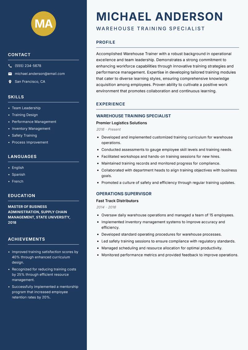 Warehouse Trainer resume sample — Warehouse Training Specialist focus