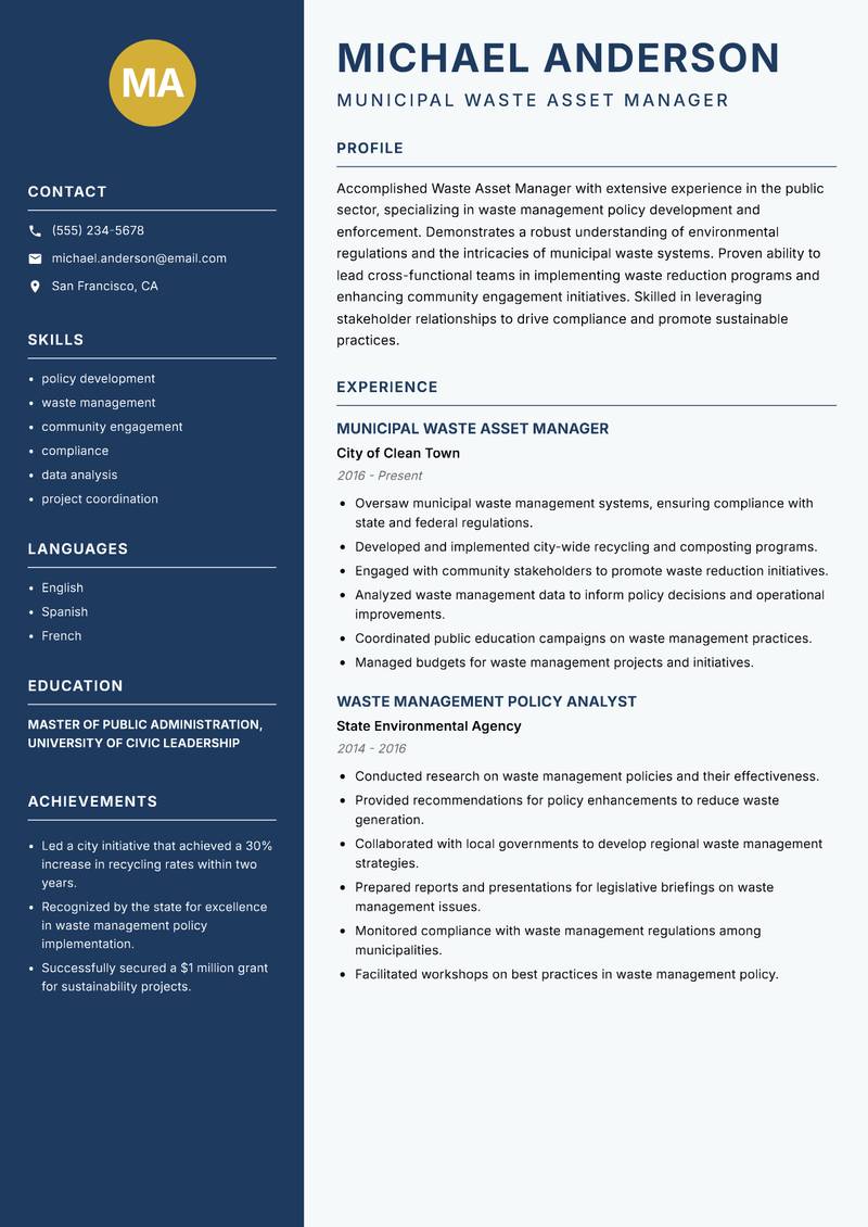 Waste Asset Manager resume sample — Municipal Waste Asset Manager focus