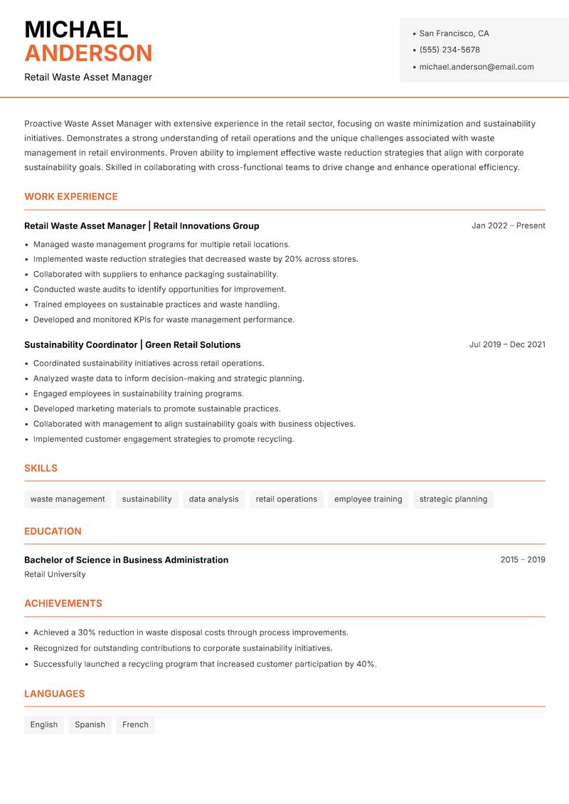 Waste Asset Manager resume sample — Retail Waste Asset Manager focus