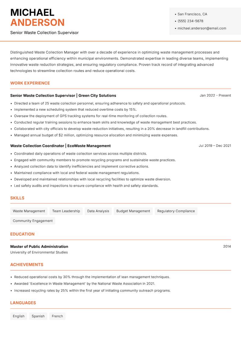 Waste Collection Manager resume sample — Senior Waste Collection Supervisor focus