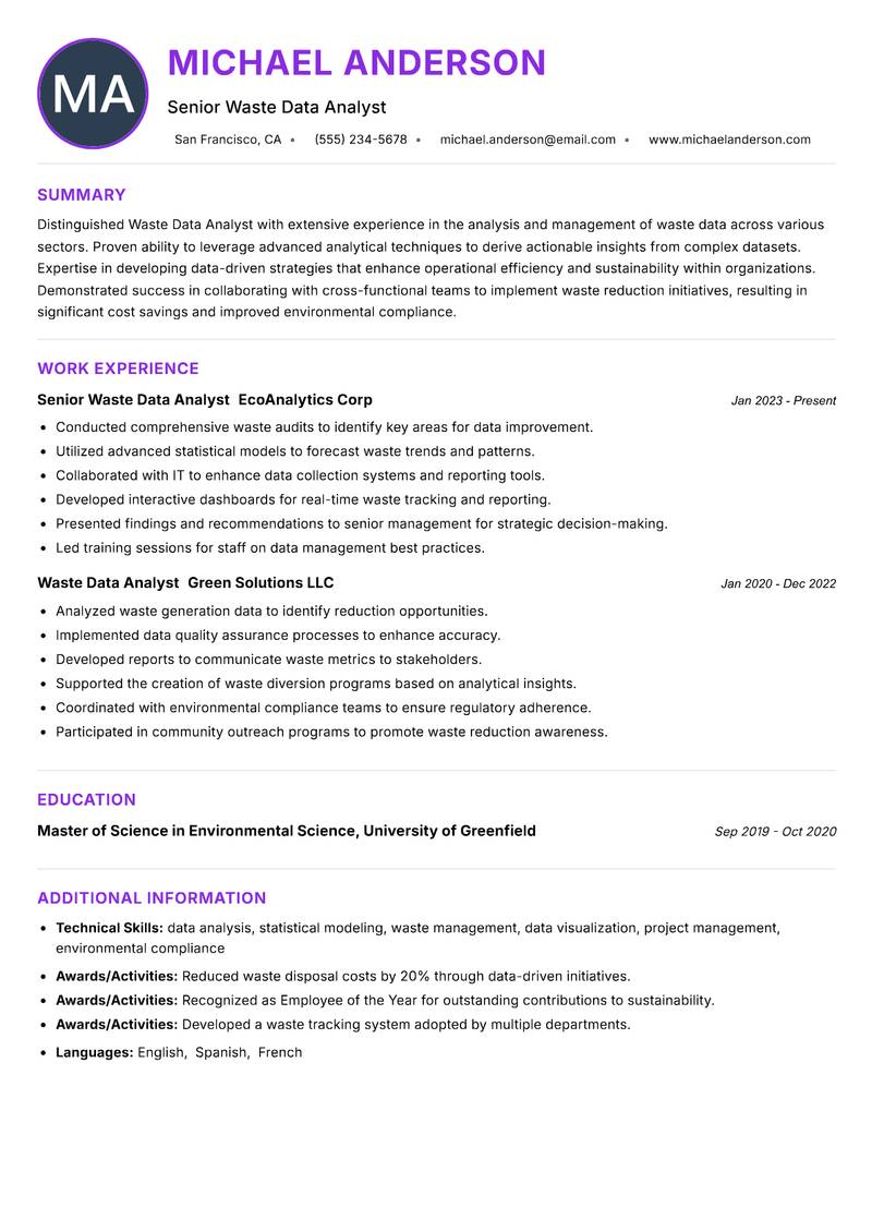 Waste Data Analyst resume example
