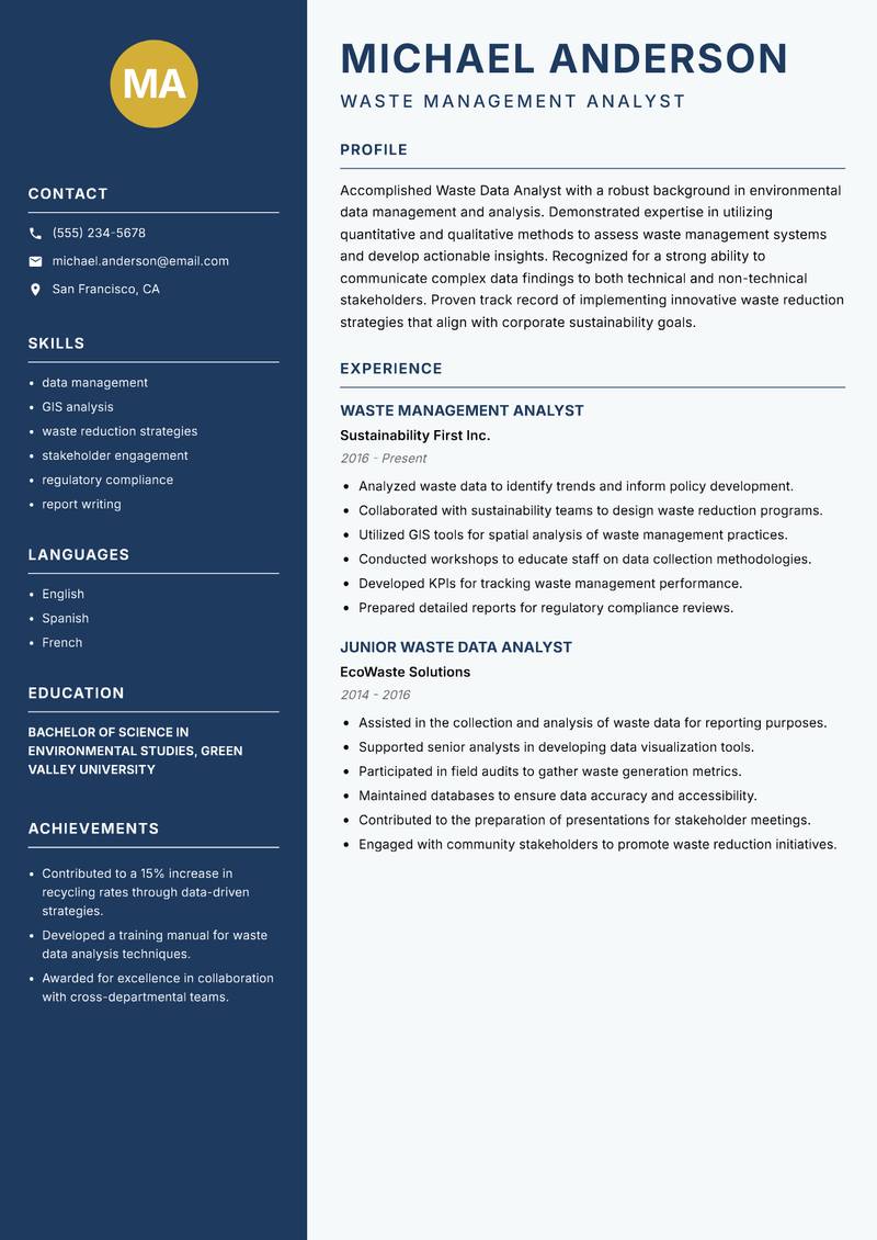 Waste Data Analyst resume sample — Waste Management Analyst focus