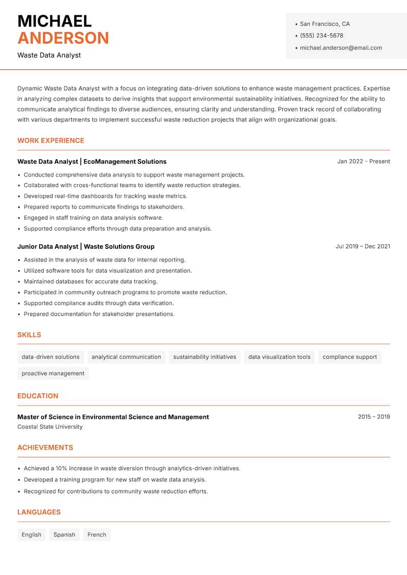 Waste Data Analyst resume sample — Waste Data Analyst focus
