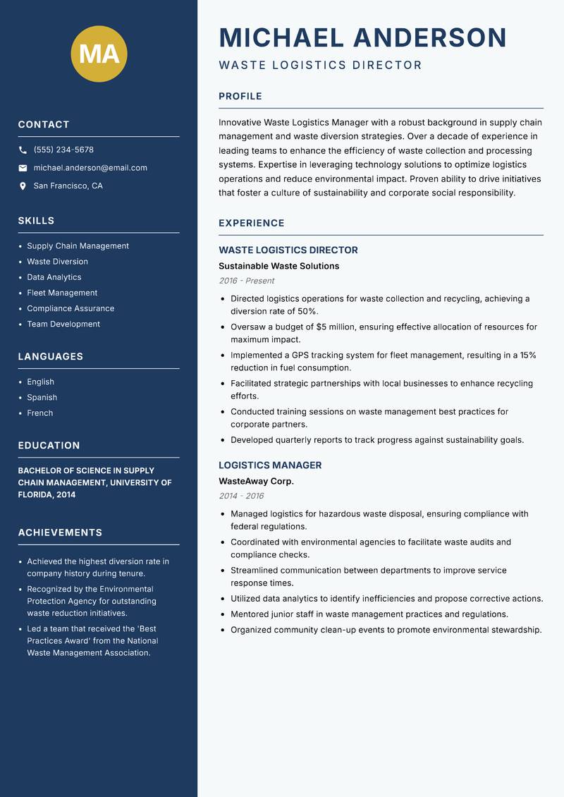 Waste Logistics Manager resume sample — Waste Logistics Director focus