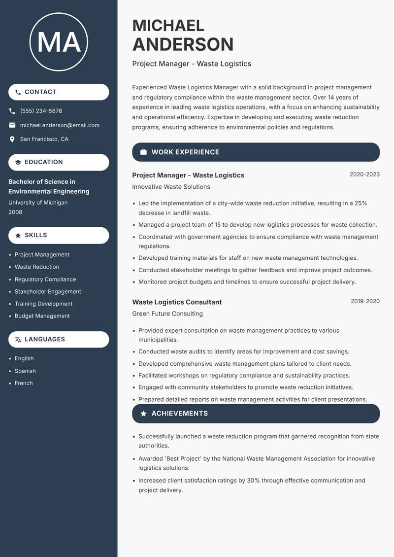 Waste Logistics Manager resume sample — Project Manager - Waste Logistics focus