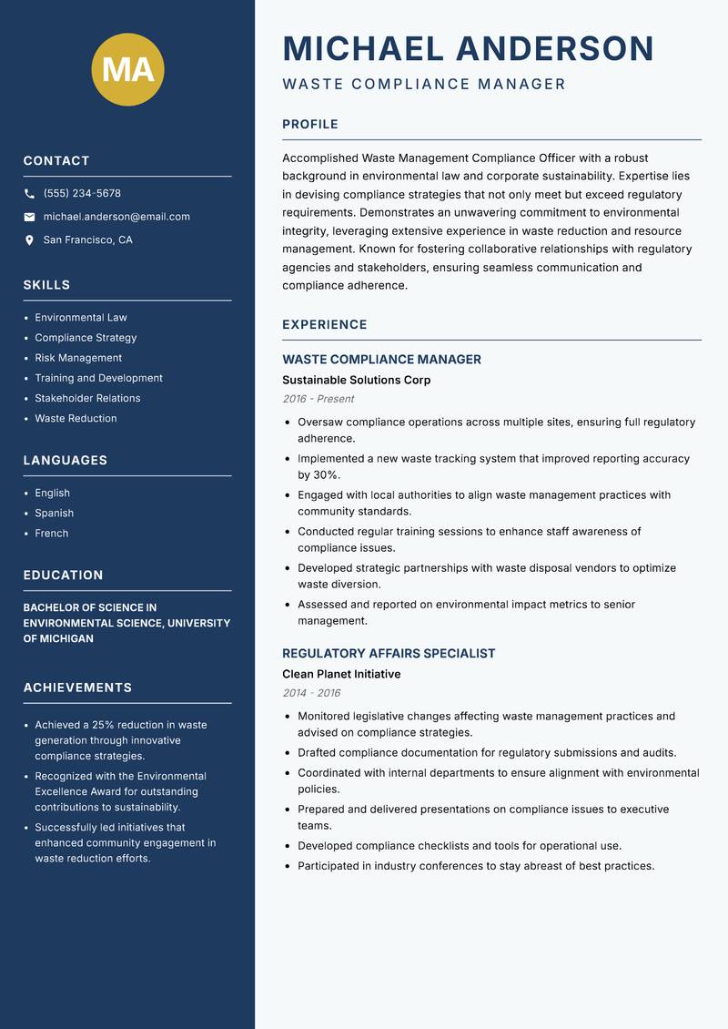 Waste Management Compliance Officer resume sample — Waste Compliance Manager focus