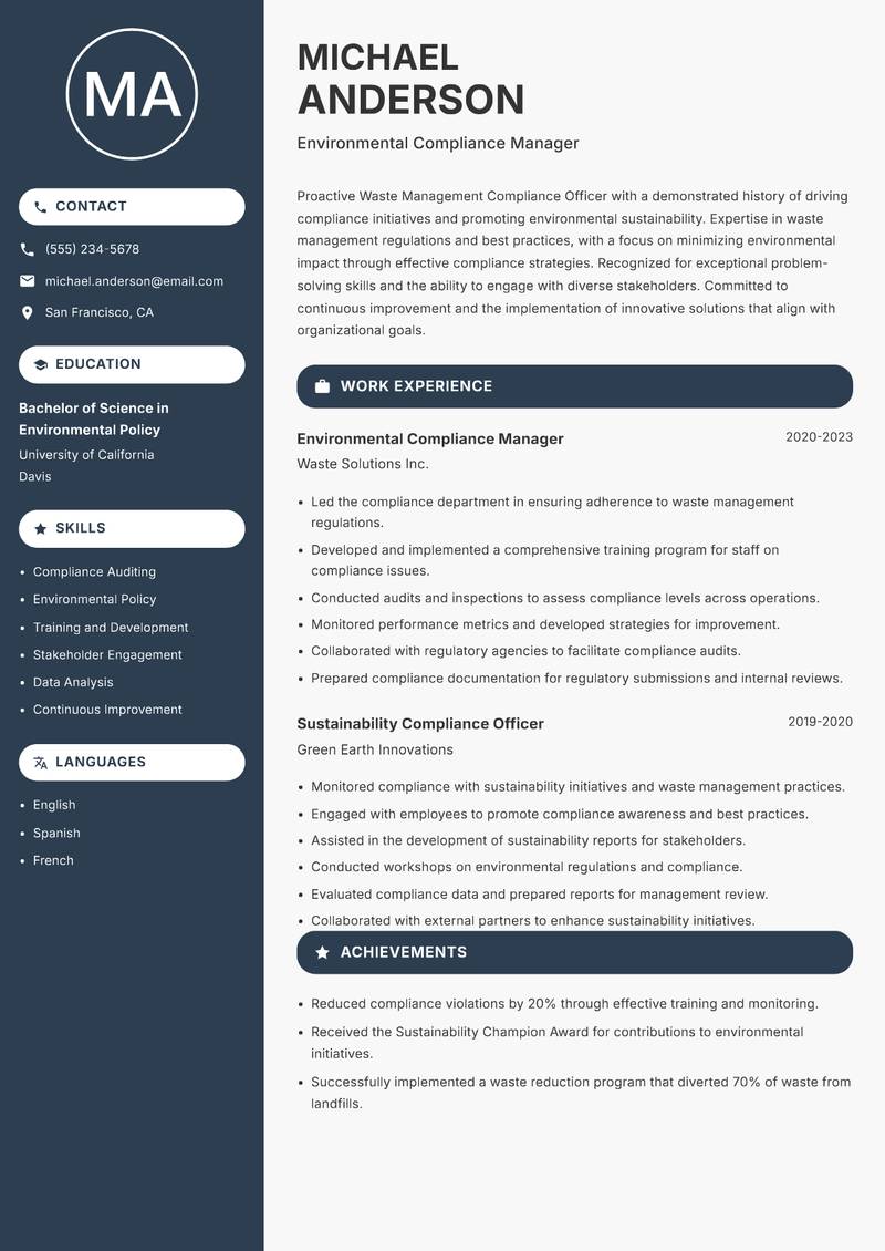 Waste Management Compliance Officer resume sample — Environmental Compliance Manager focus