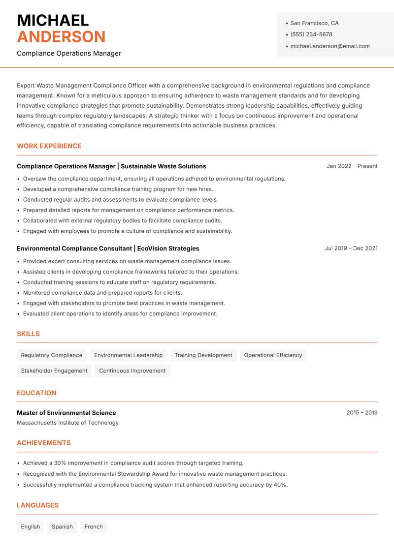 Waste Management Compliance Officer resume sample — Compliance Operations Manager focus