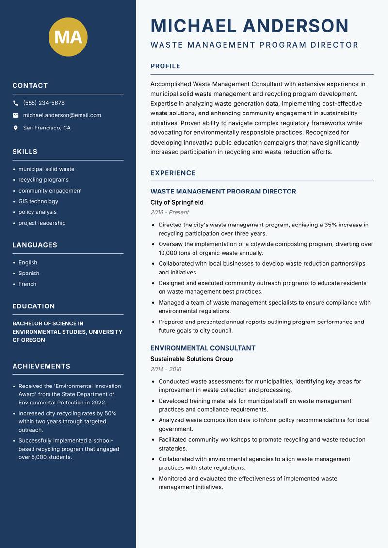Waste Management Consultant resume sample — Waste Management Program Director focus