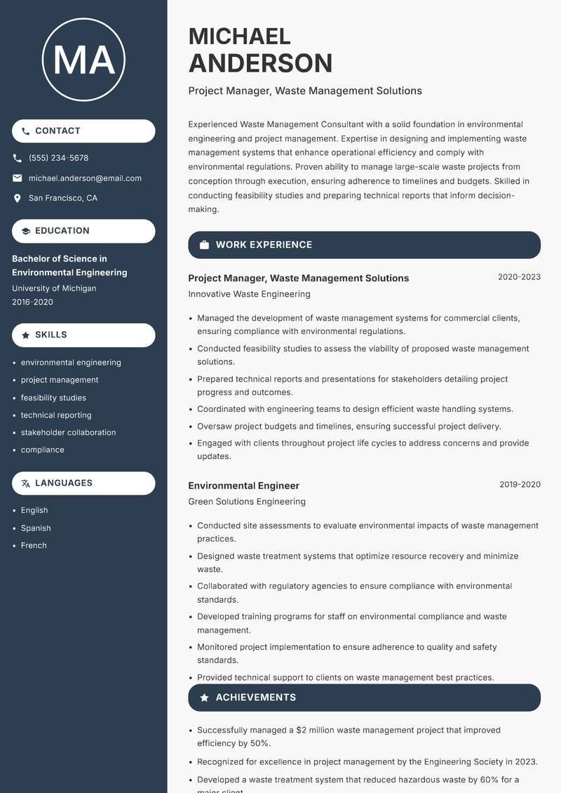 Waste Management Consultant resume sample — Project Manager, Waste Management Solutions focus