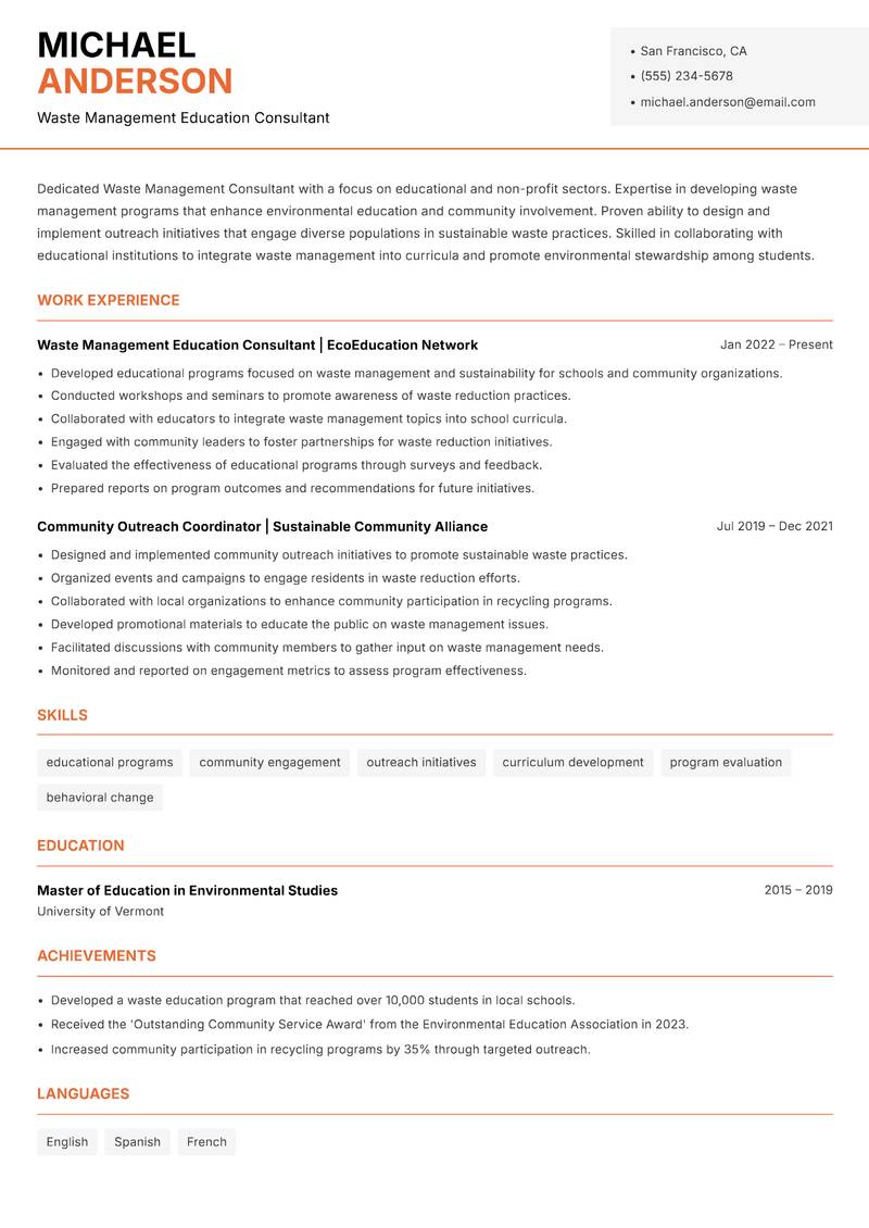 Waste Management Consultant resume sample — Waste Management Education Consultant focus