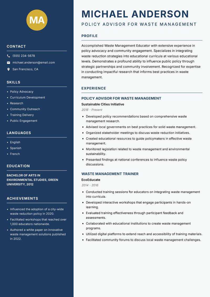 Waste Management Educator resume sample — Policy Advisor for Waste Management focus
