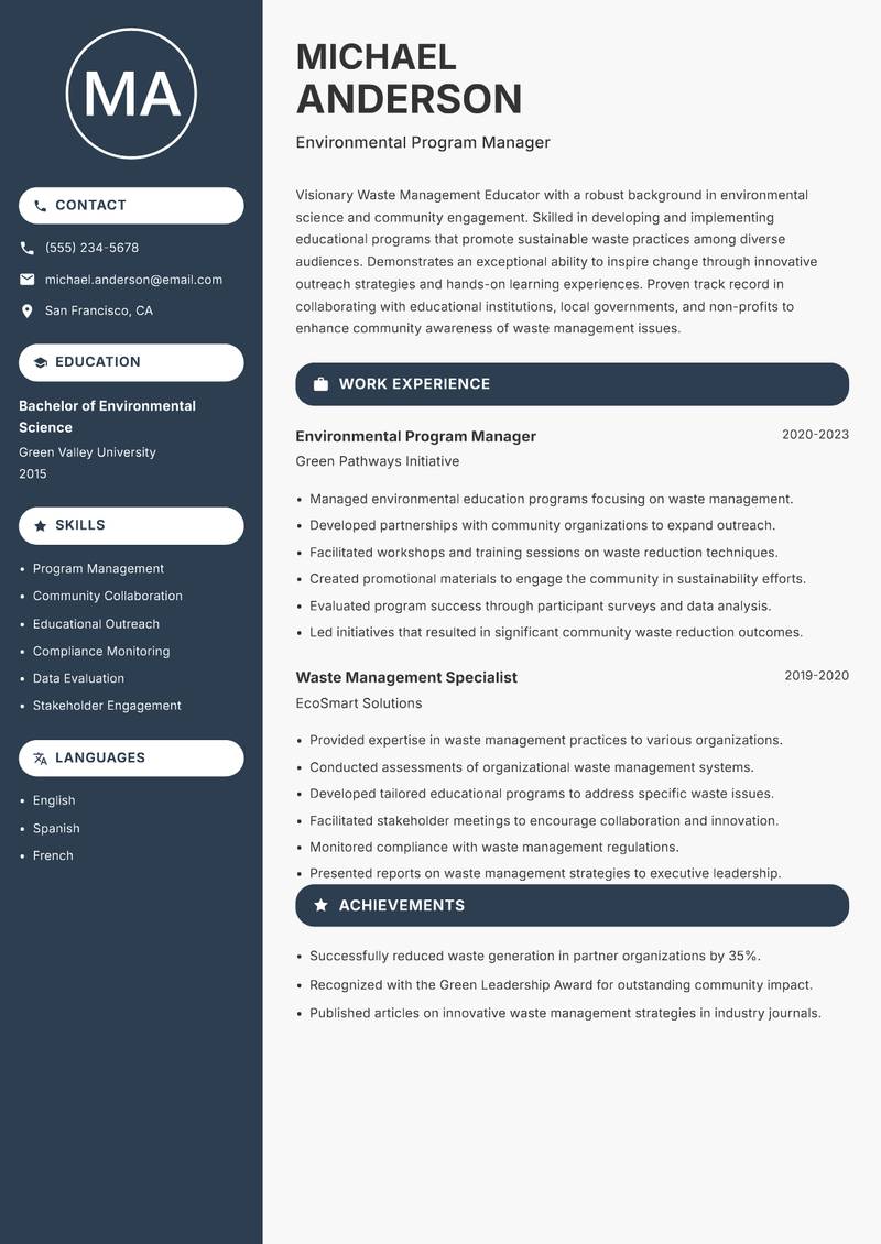Waste Management Educator resume sample — Environmental Program Manager focus