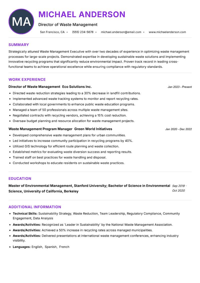 Waste Management Executive resume example