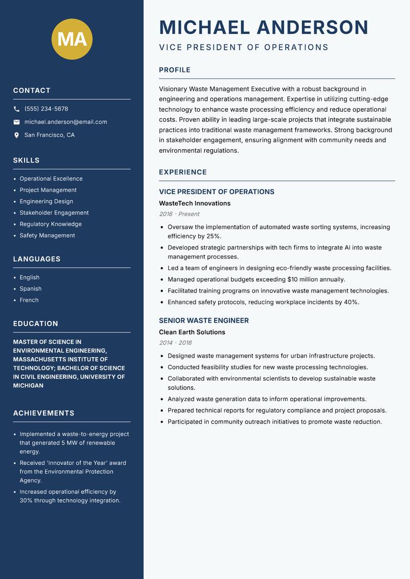 Waste Management Executive resume sample — Vice President of Operations focus