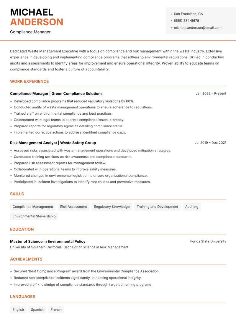 Waste Management Executive resume sample — Compliance Manager focus