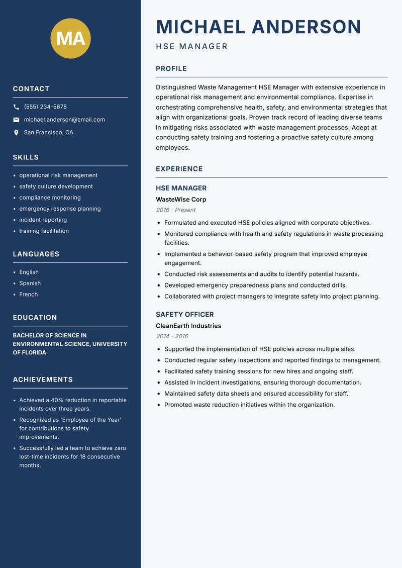 Waste Management HSE Manager resume sample — HSE Manager focus