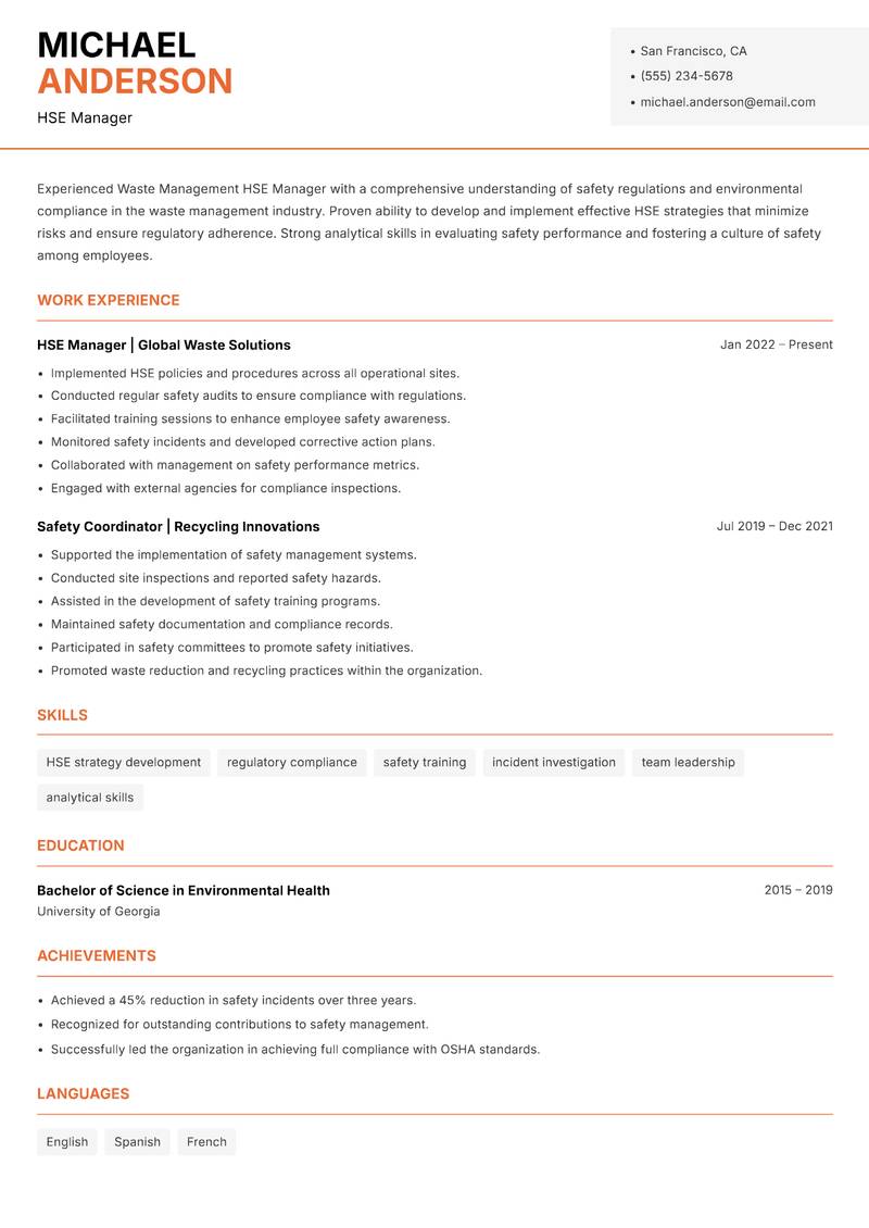 Waste Management HSE Manager resume sample — HSE Manager focus