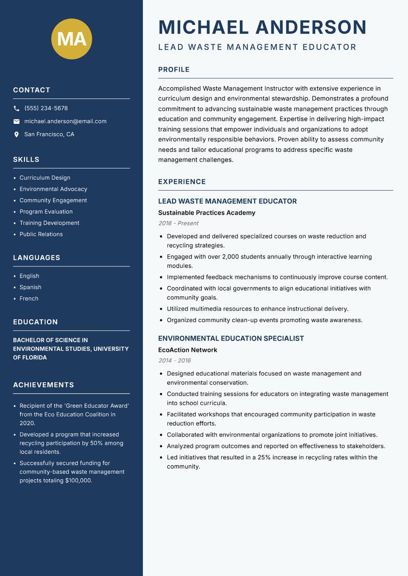 Waste Management Instructor resume sample — Lead Waste Management Educator focus