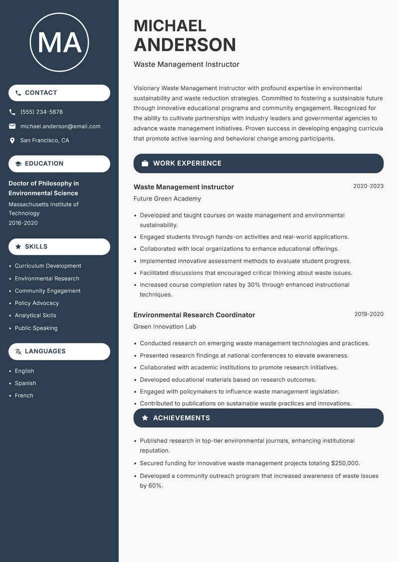 Waste Management Instructor resume sample — Waste Management Instructor focus