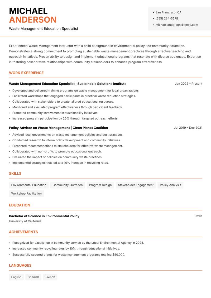 Waste Management Instructor resume sample — Waste Management Education Specialist focus