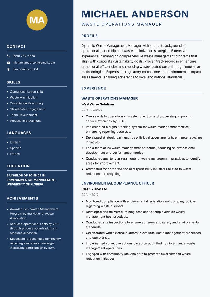Waste Management Manager resume sample — Waste Operations Manager focus