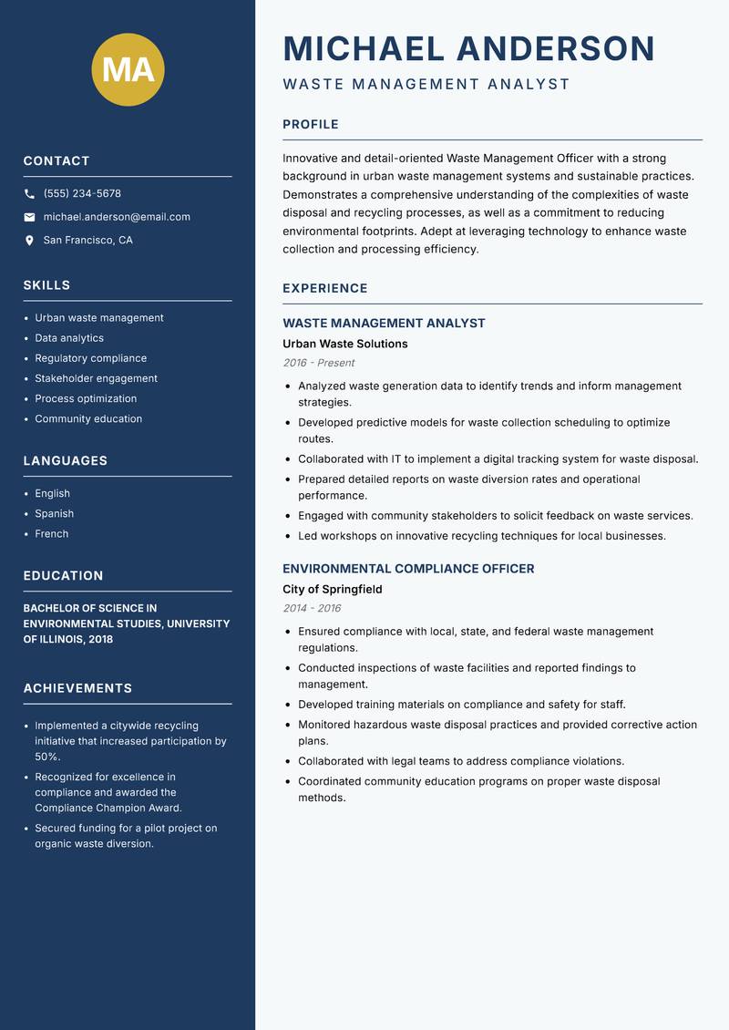 Waste Management Officer resume sample — Waste Management Analyst focus