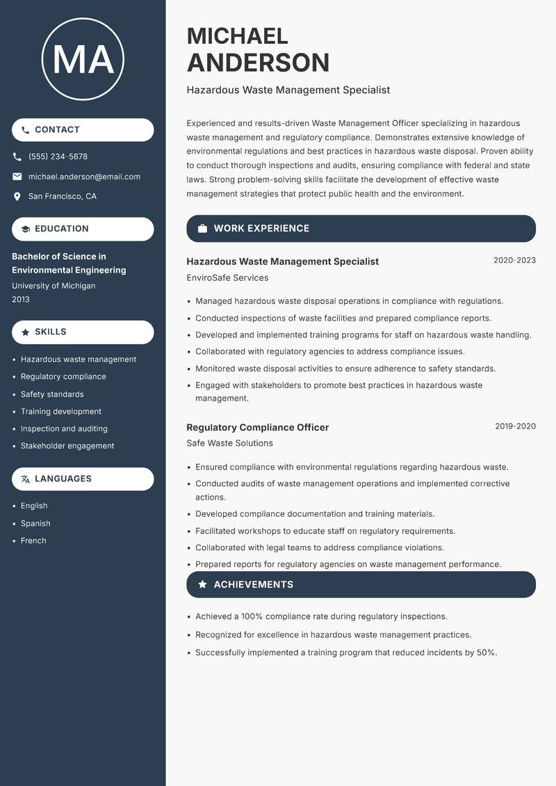 Waste Management Officer resume sample — Hazardous Waste Management Specialist focus