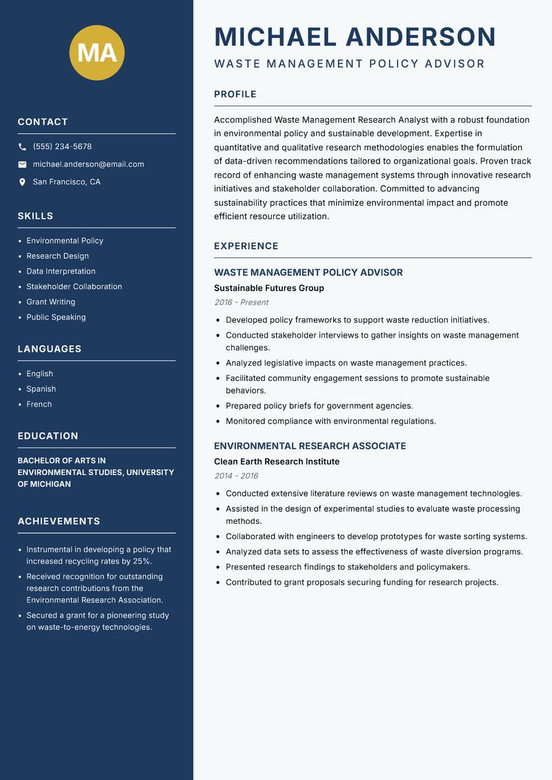 Waste Management Research Analyst resume sample — Waste Management Policy Advisor focus