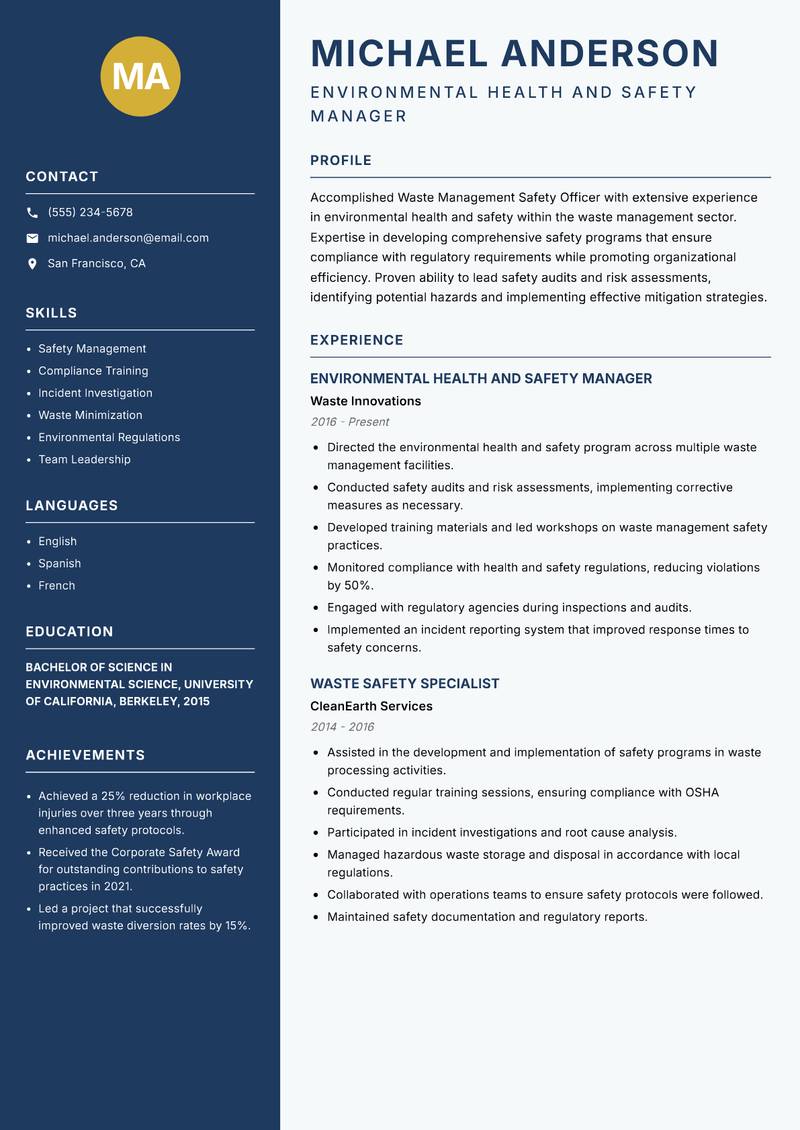 Waste Management Safety Officer resume sample — Environmental Health and Safety Manager focus