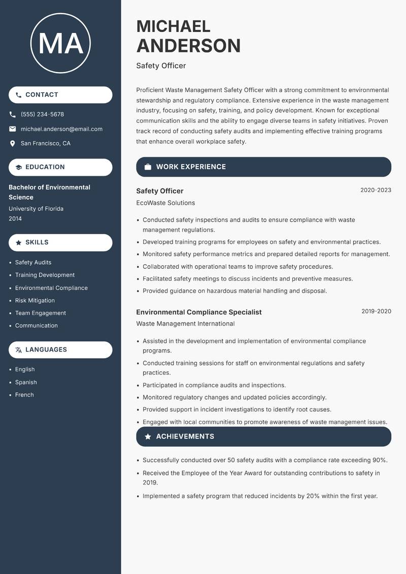 Waste Management Safety Officer resume sample — Safety Officer focus
