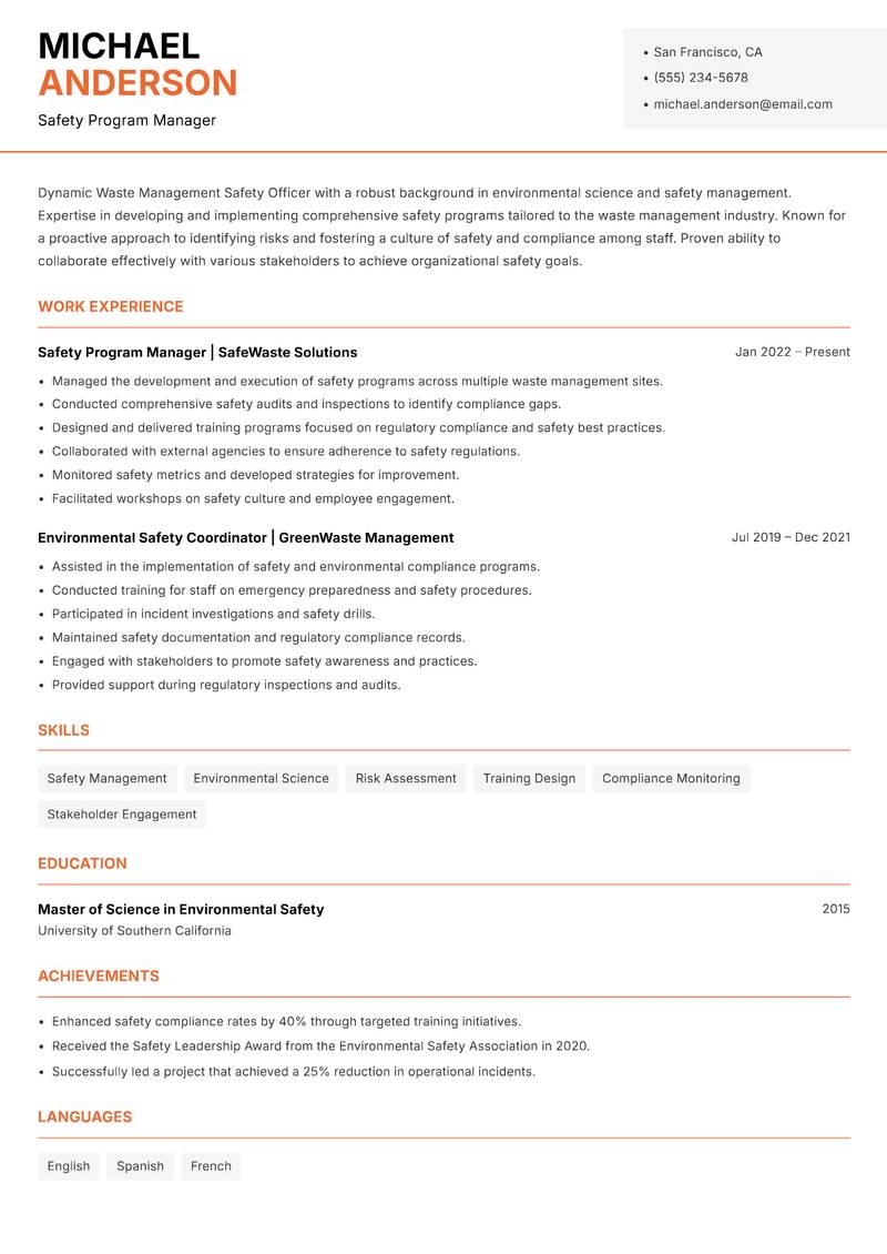 Waste Management Safety Officer resume sample — Safety Program Manager focus