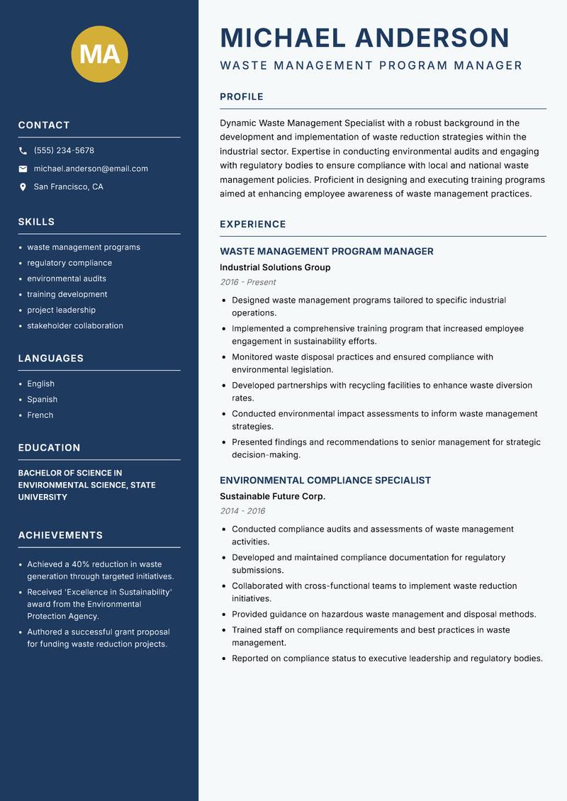 Waste Management Specialist resume sample — Waste Management Program Manager focus