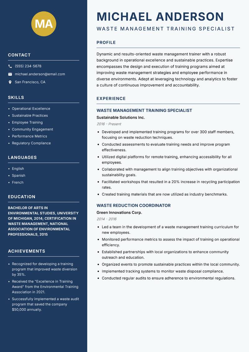 Waste Management Trainer resume sample — Waste Management Training Specialist focus