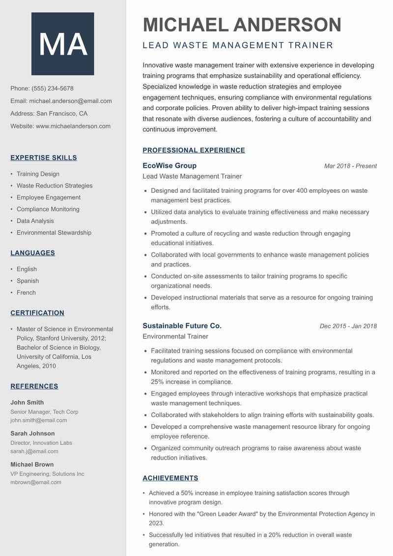 Waste Management Trainer resume sample — Lead Waste Management Trainer focus
