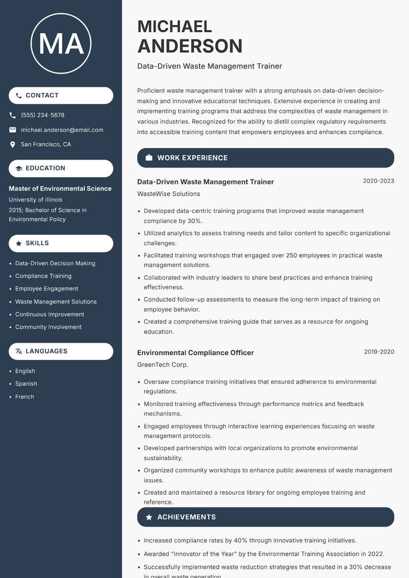 Waste Management Trainer resume sample — Data-Driven Waste Management Trainer focus