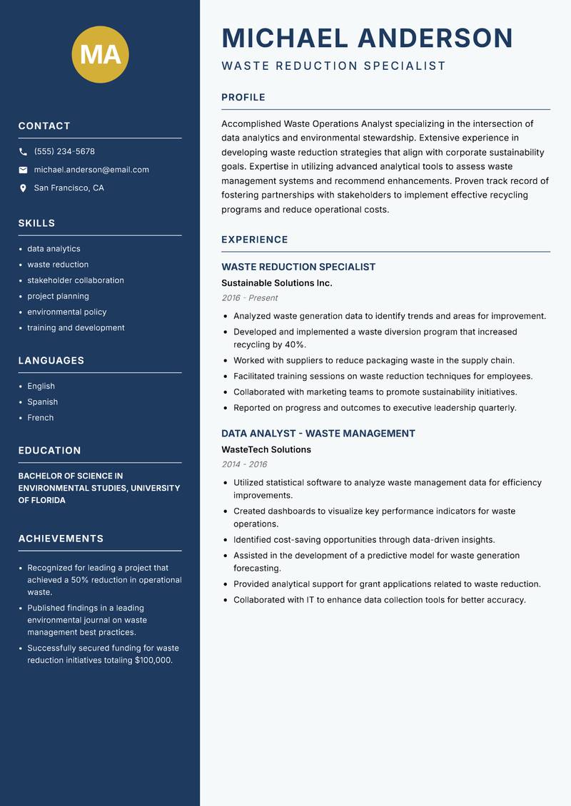 Waste Operations Analyst resume sample — Waste Reduction Specialist focus