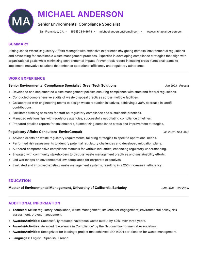 Waste Regulatory Affairs Manager resume example
