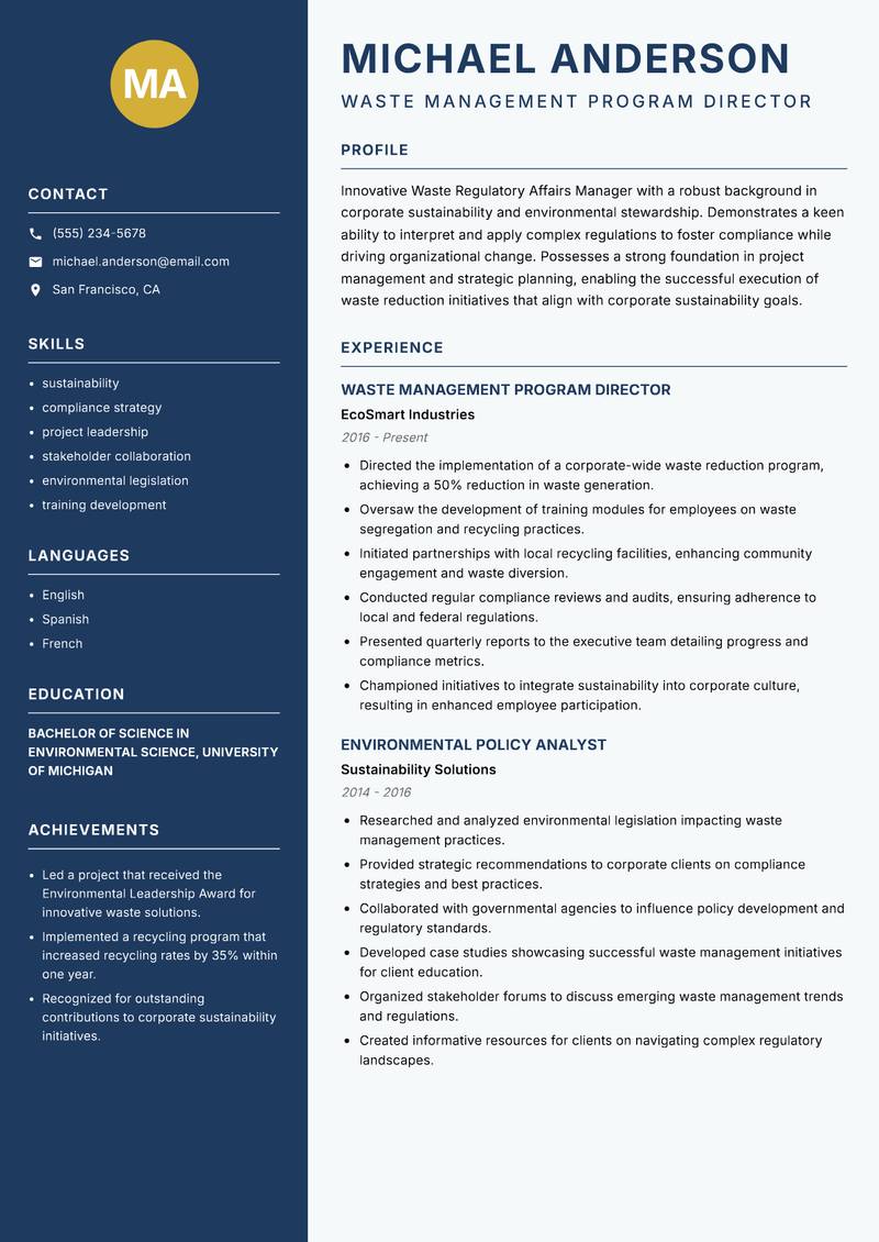 Waste Regulatory Affairs Manager resume sample — Waste Management Program Director focus