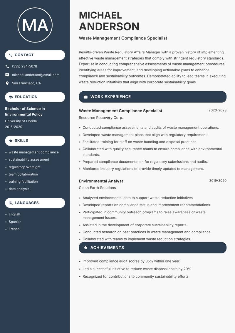 Waste Regulatory Affairs Manager resume sample — Waste Management Compliance Specialist focus