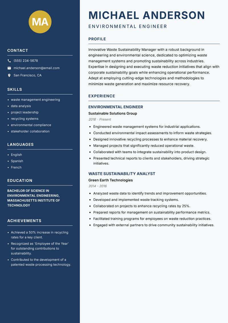 Waste Sustainability Manager resume sample — Environmental Engineer focus