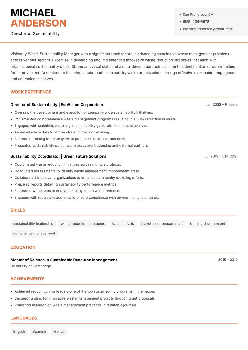 Waste Sustainability Manager resume sample — Director of Sustainability focus