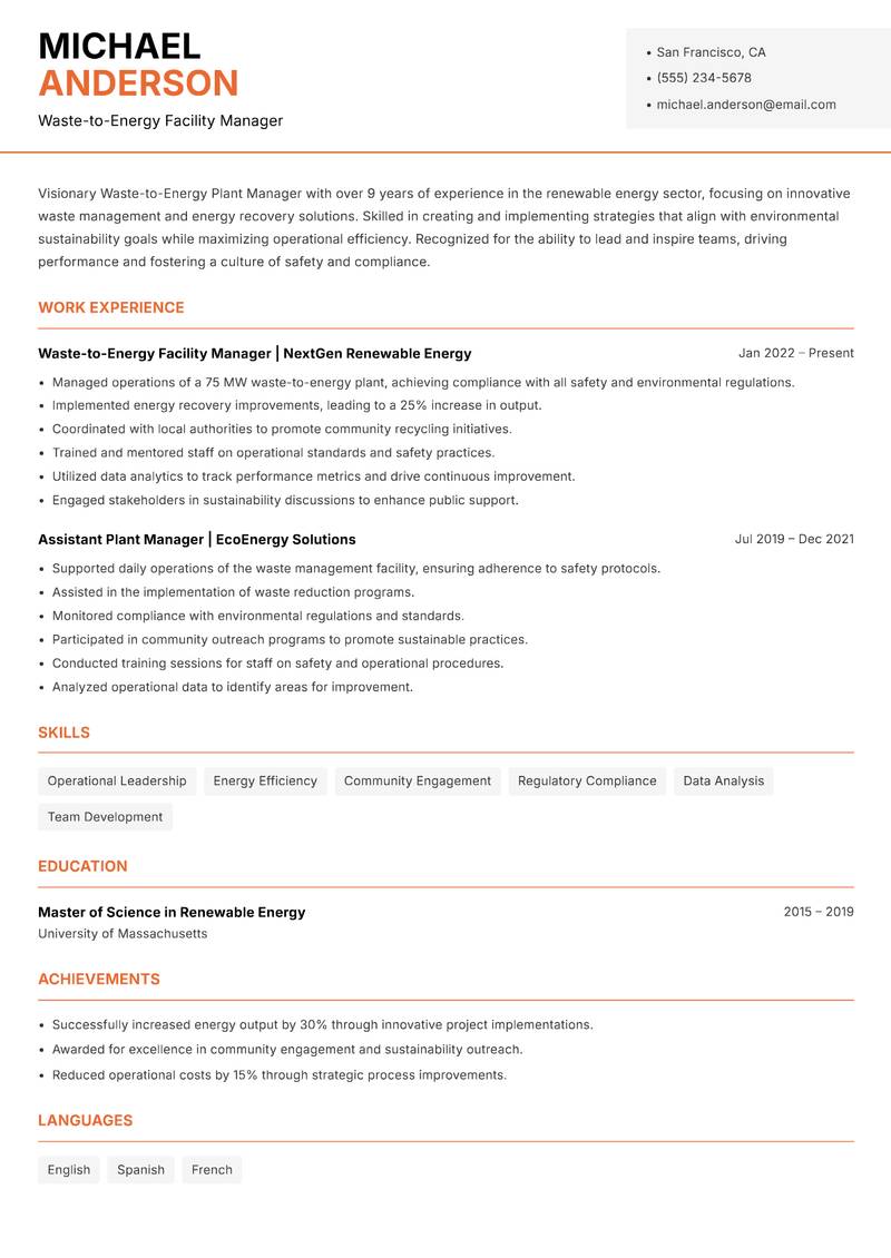 Waste-to-Energy Plant Manager resume sample — Waste-to-Energy Facility Manager focus