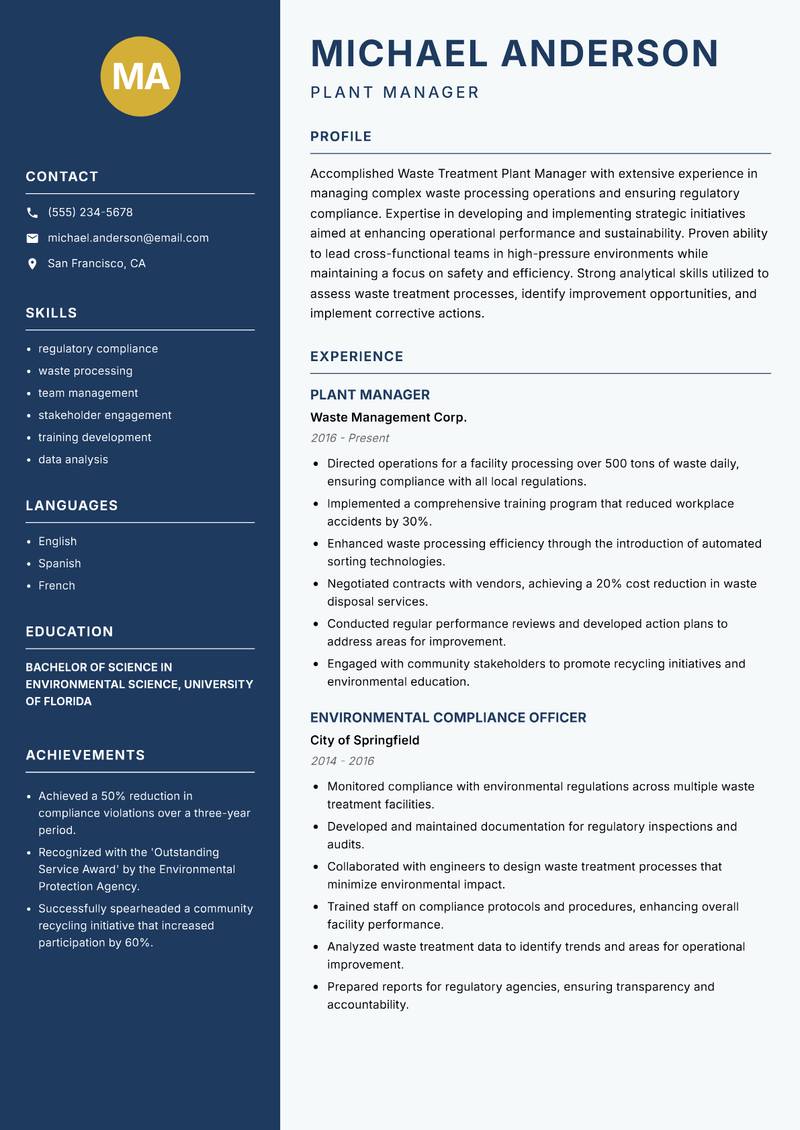Waste Treatment Plant Manager resume sample — Plant Manager focus