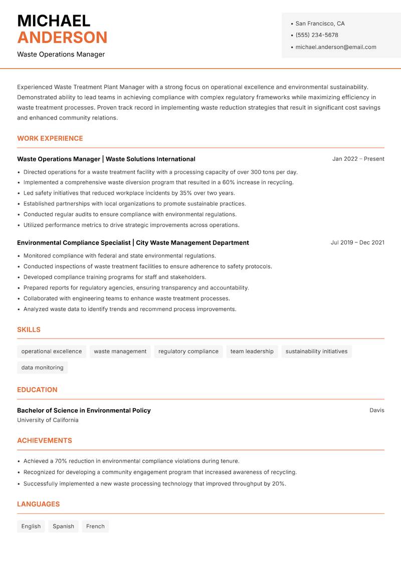 Waste Treatment Plant Manager resume sample — Waste Operations Manager focus